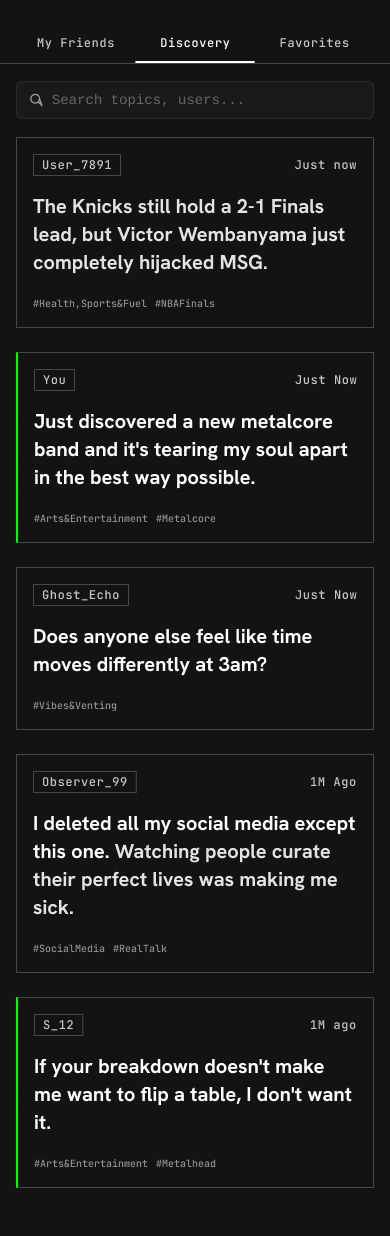 Refined Global Feed: High-fidelity view of the text-first chronological feed, completely free of public vanity counts