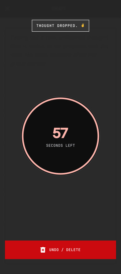 Screen 5_ Submission Success.png: The 60-second grace period view displaying a live countdown ring and a prominent destructive undo/delete option