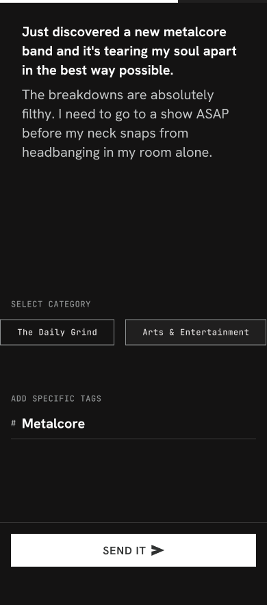 Screen 4_ Tag Selection.png: Thematic taxonomy categorization interface with horizontal carousel filters and customizable subtopics