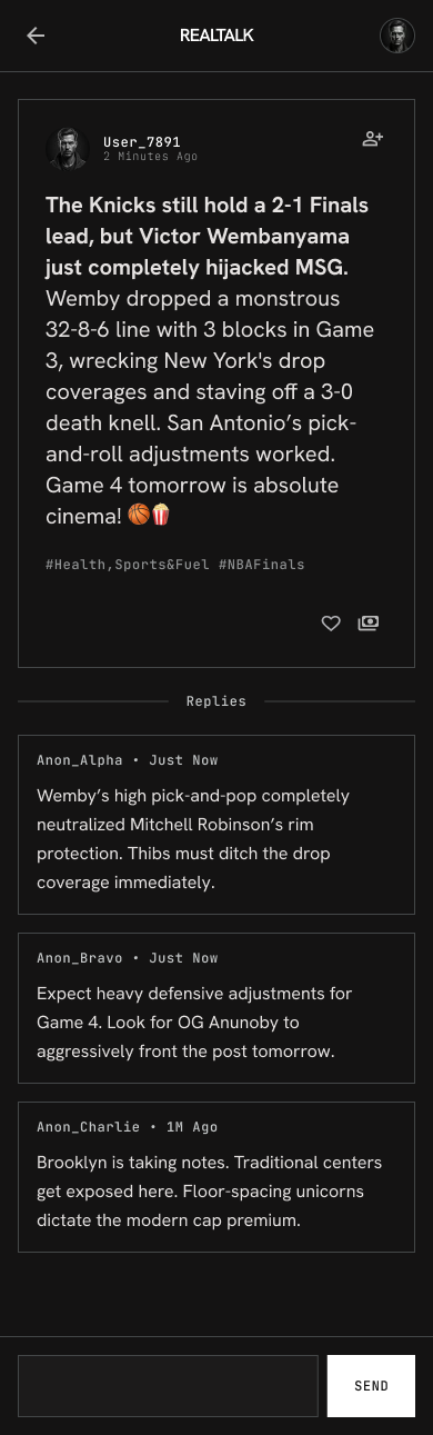 Screen 7_ Thread View.png: Fullscreen detail view showing expanded post copy, chronological anonymous commentary threads, and micro-transaction tipping drawer