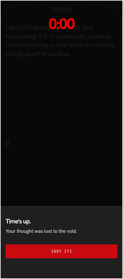 Screen 4 alternative_ Definitive Timeout State.png: Timeout view triggered instantly when countdown duration reaches zero before submission