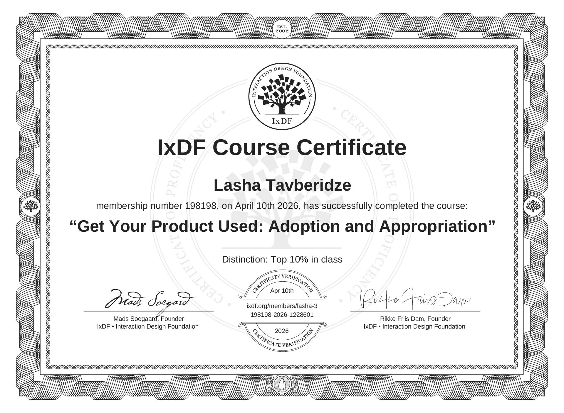 Product Adoption Certificate