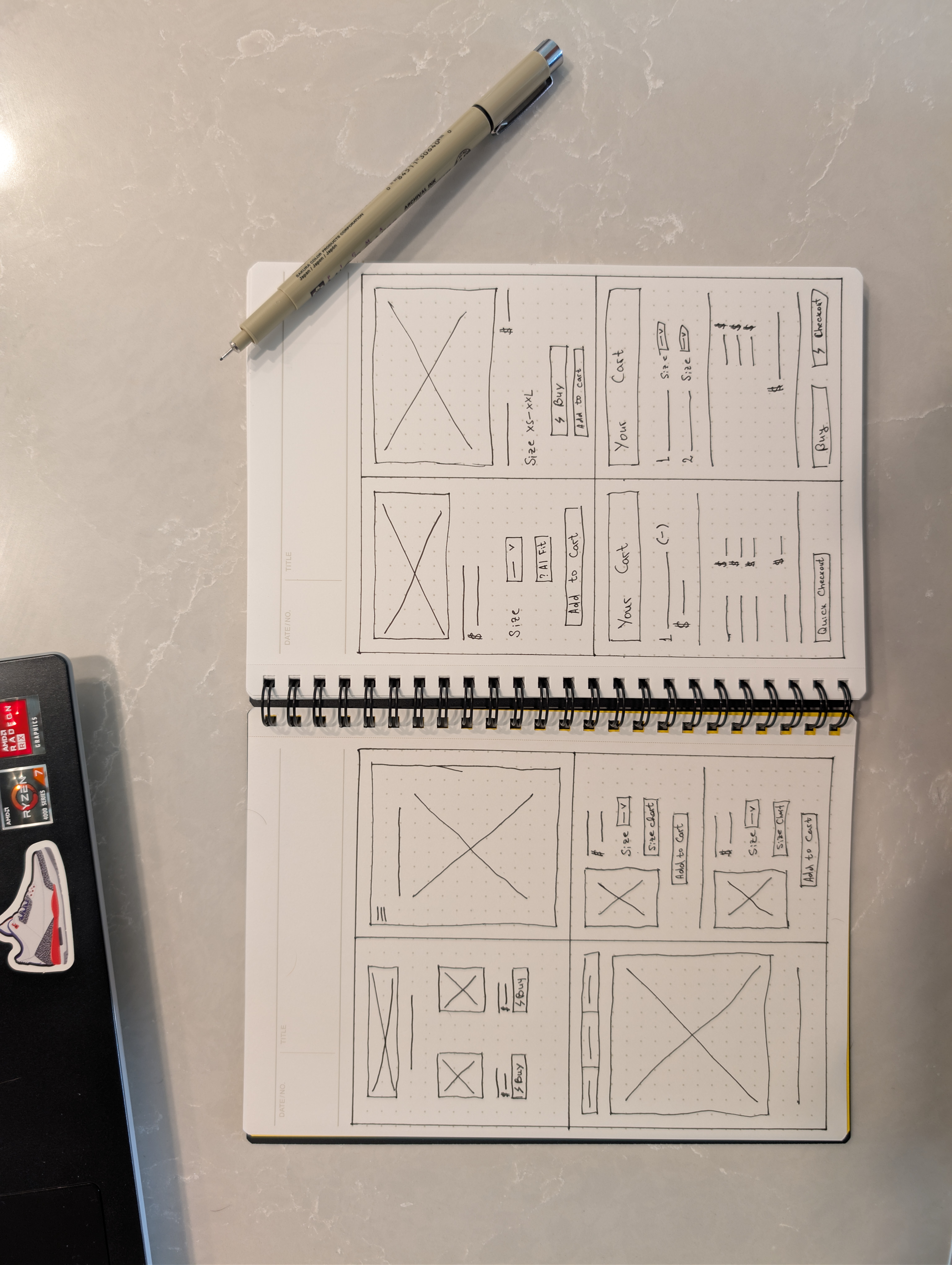Rapid ideation paper sketches for checkout flow